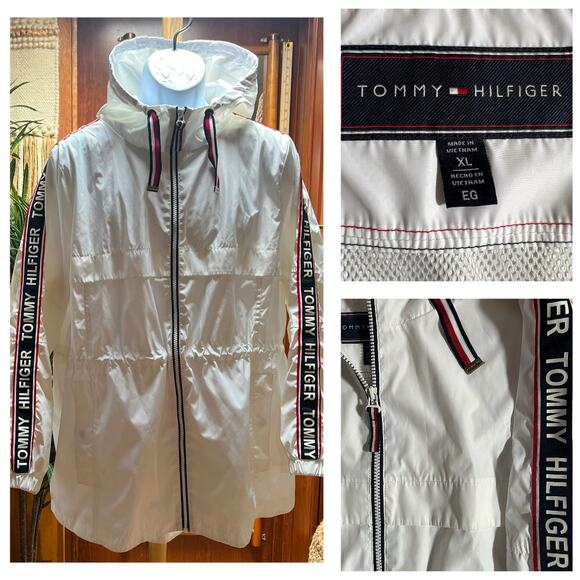 Tommy Hilfiger White Hooded Rain Jacket XL | Logo Sleeve Preppy Windbreaker Coat - Picture 11 of 11